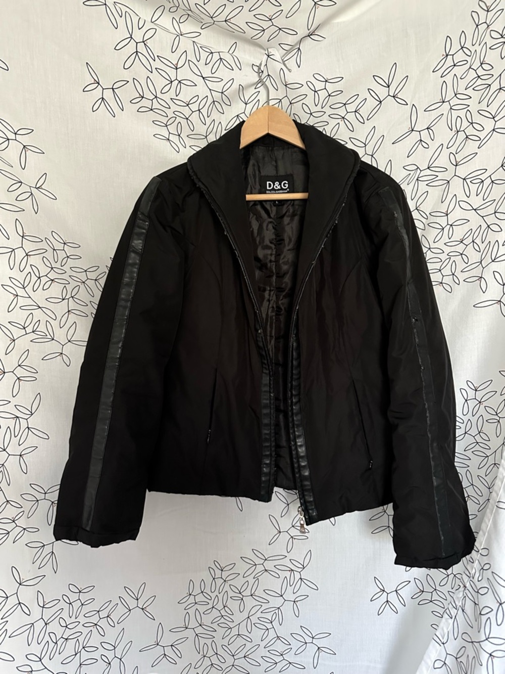 Dolce & Gabbana Black Women's Puffer Coat with Leather-Trimmed Sleeves